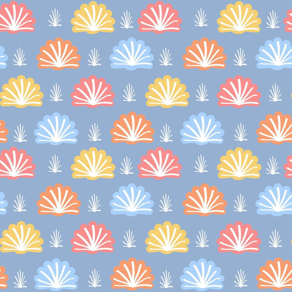 The background is made of abstract shells of different colors. Marine illustration in retro style with a delicate color scheme. Suitable for printing on textiles and paper. Gift wrapping. vector