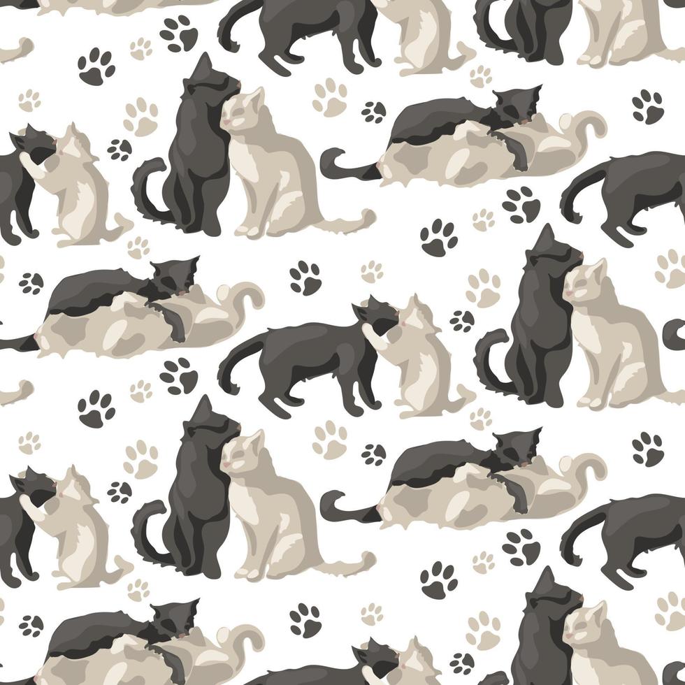 A pattern of vector spots of cute and funny cats. A collection of cartoon character designs of a cat or kitten with a flat color in different poses. Pets, seamless on a white background.