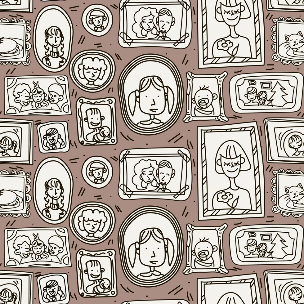 Background with paintings on the wall in doodle style. Frames of family photos hang on the wall. A seamless pattern in a vector. Suitable for printing on textiles and paper. The idea for the interior. vector