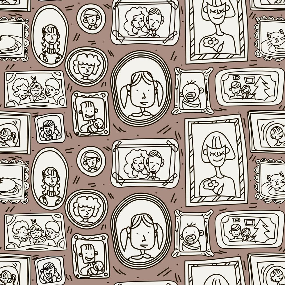 Background with paintings on the wall in doodle style. Frames of family photos hang on the wall. A seamless pattern in a vector. Suitable for printing on textiles and paper. The idea for the interior. vector