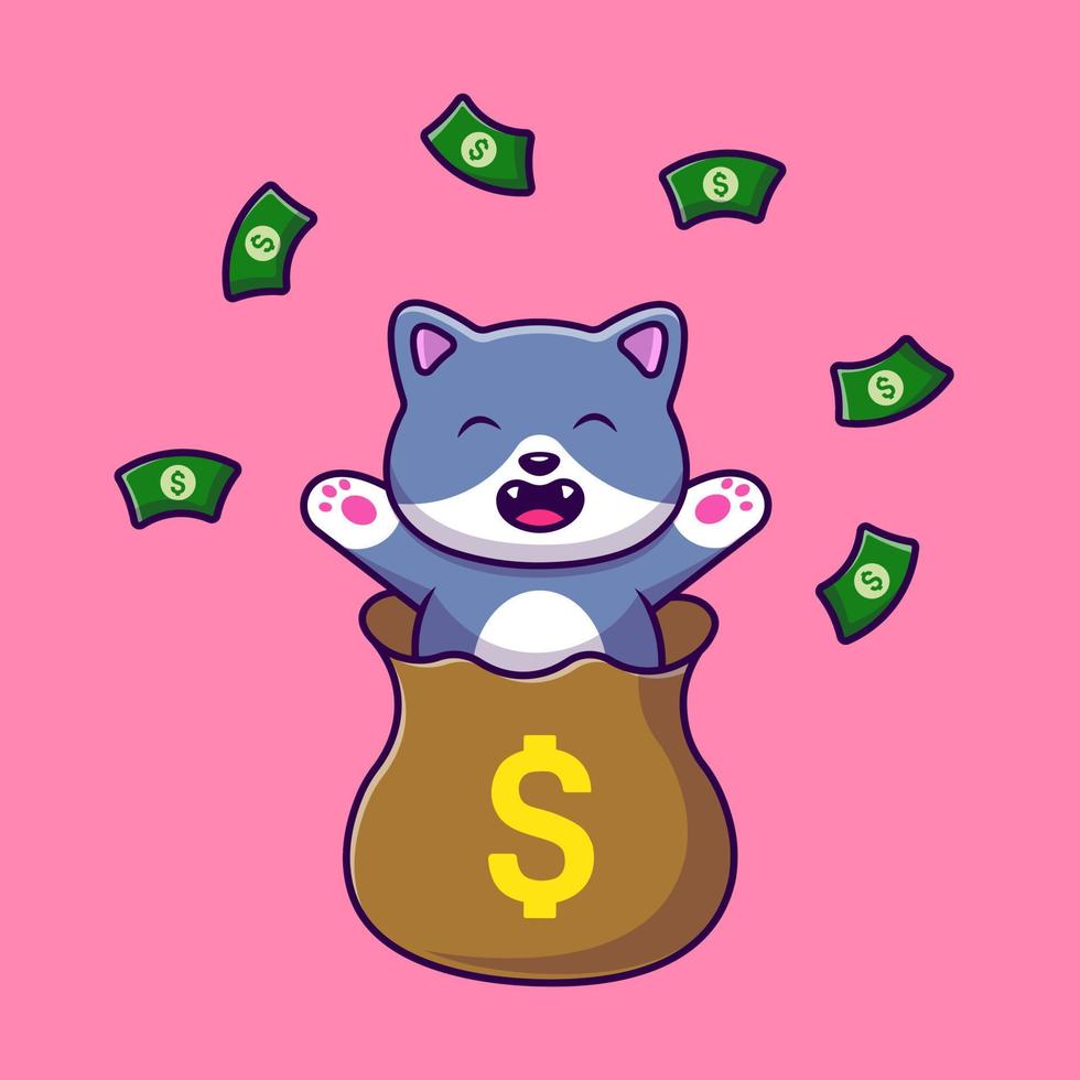 lindo gato en bolsa de dinero desperdiciando dinero ilustración de iconos de vector de dibujos animados. concepto de caricatura plana. adecuado para cualquier proyecto creativo.
