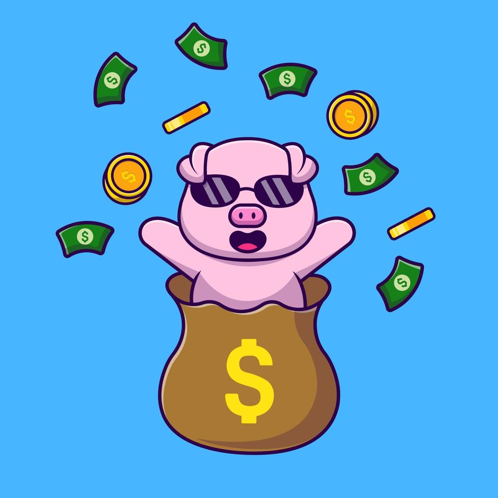 Cute Pig In Money Bag With Floating Money And Gold Coin Cartoon Vector Icons Illustration. Flat Cartoon Concept. Suitable for any creative project.