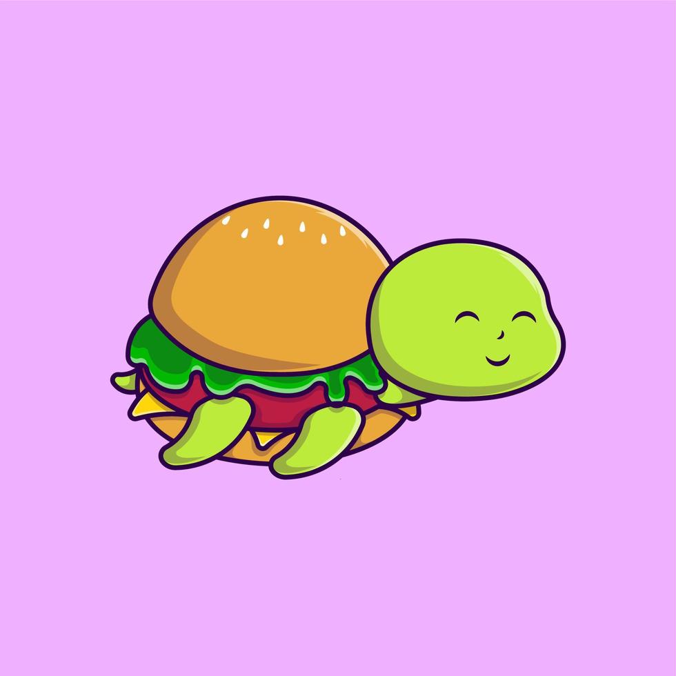 Ilustración de iconos de vector de dibujos animados de hamburguesa de tortuga linda. concepto de caricatura plana. adecuado para cualquier proyecto creativo.