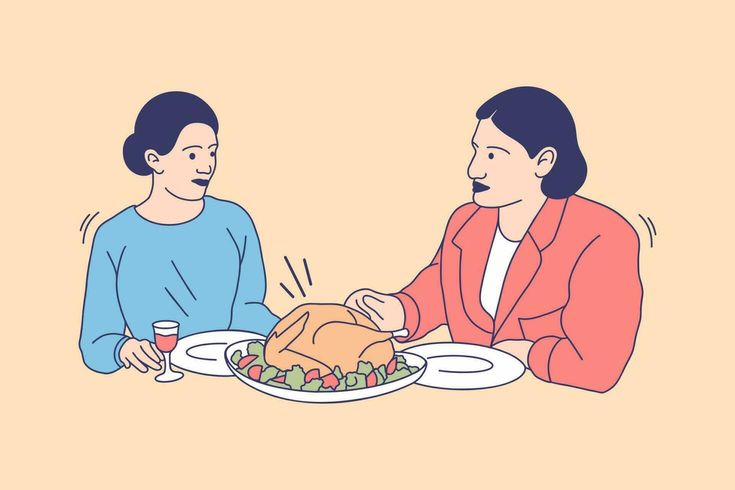 ilustraciones de familia feliz comiendo pavo para el concepto de diseño del día de acción de gracias vector