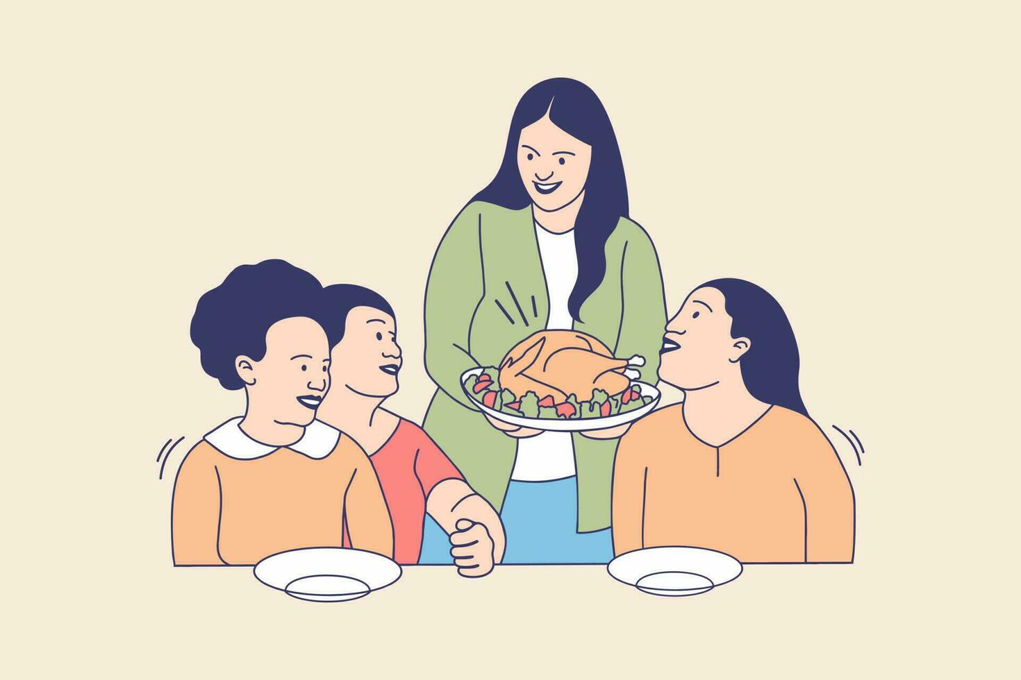 ilustraciones de familia feliz comiendo pavo para el concepto de diseño del día de acción de gracias vector