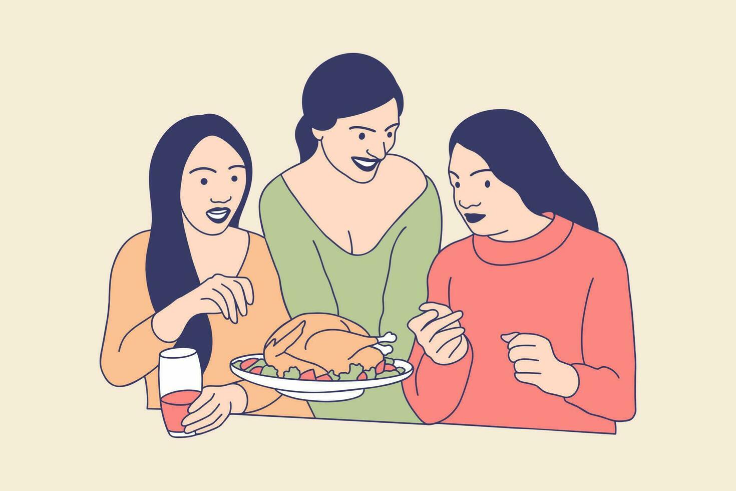 ilustraciones de familia feliz comiendo pavo para el concepto de diseño del día de acción de gracias vector
