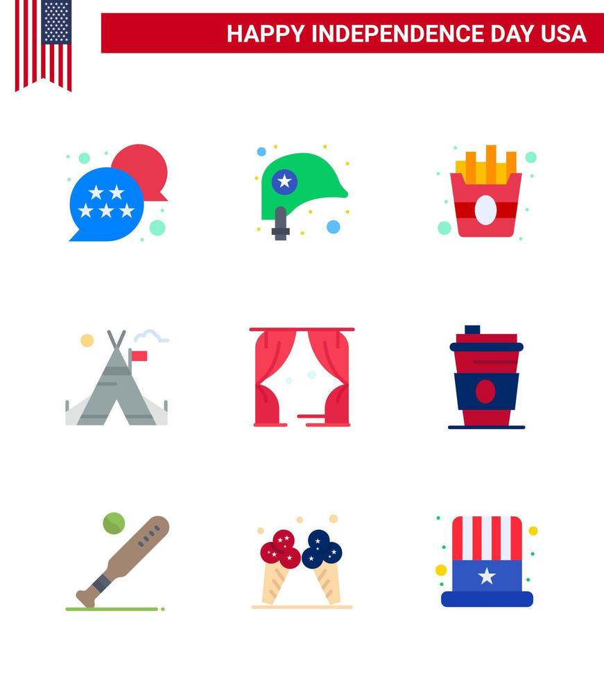 Pack of 9 creative USA Independence Day related Flats of theatre entertainment fast american tent Editable USA Day Vector Design Elements