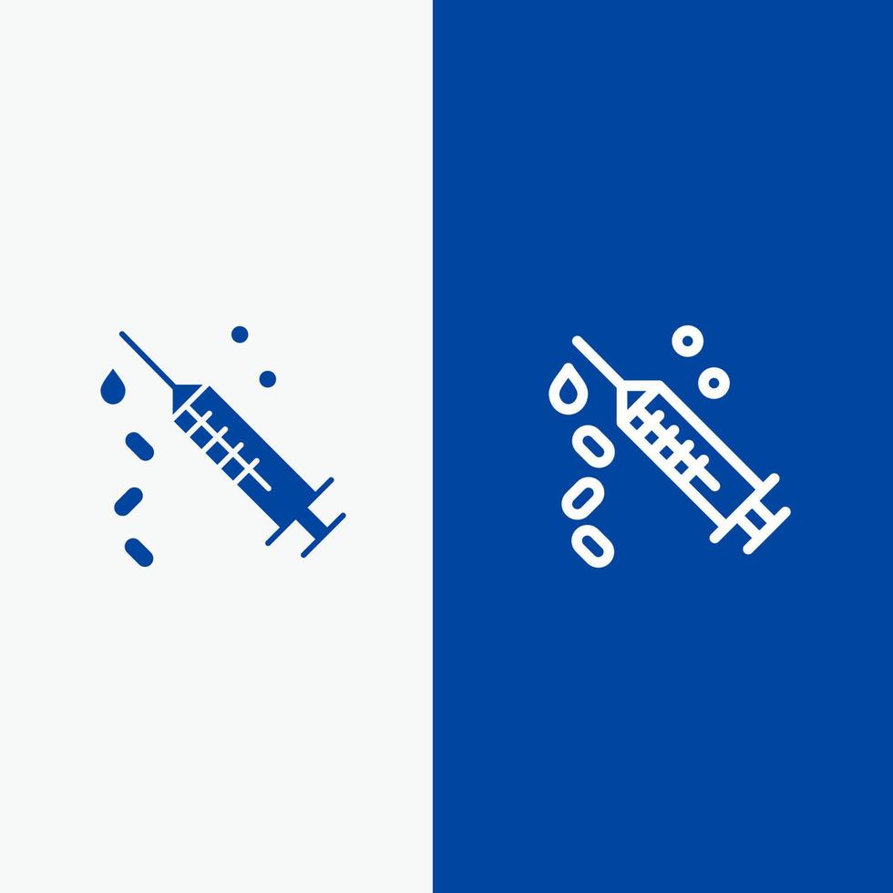 jeringa de inyección línea de tratamiento de vacunas y glifo icono sólido banner azul vector
