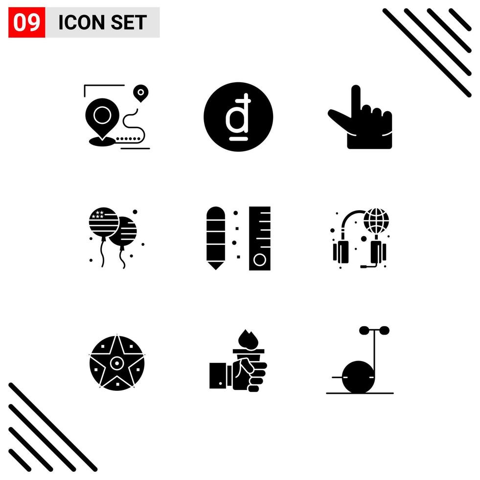 Editable Vector Line Pack of 9 Simple Solid Glyphs of pencil drafting vietnamese american bloons Editable Vector Design Elements