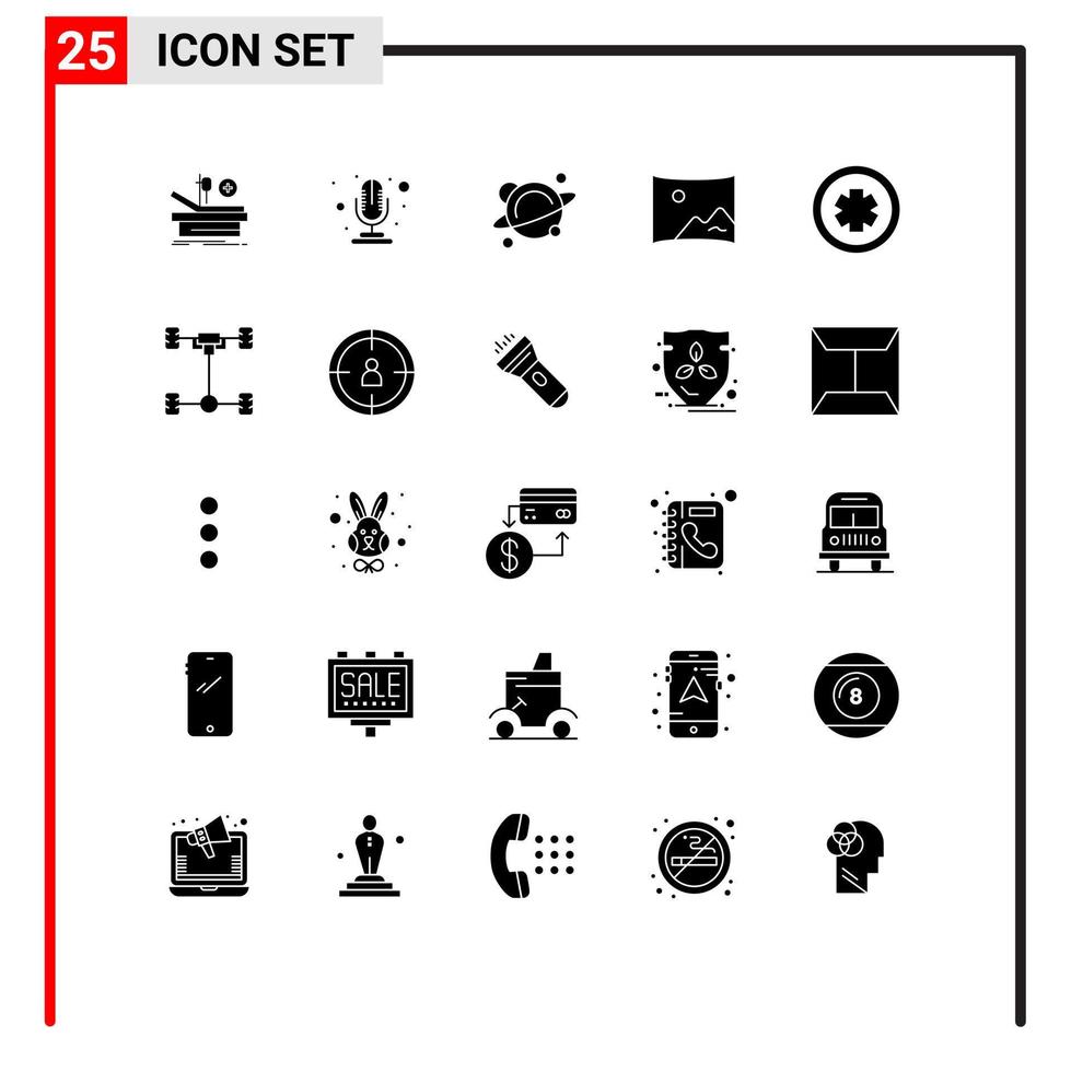 Pictogram Set of 25 Simple Solid Glyphs of sign medical school panorama entertaiment Editable Vector Design Elements