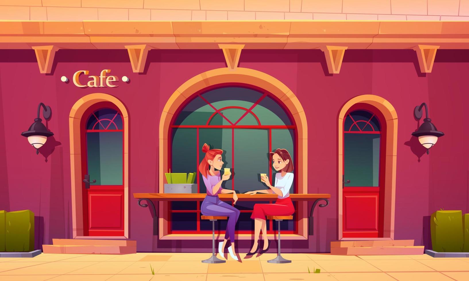 Girls on outdoor cafe terrace. Women drink tea vector