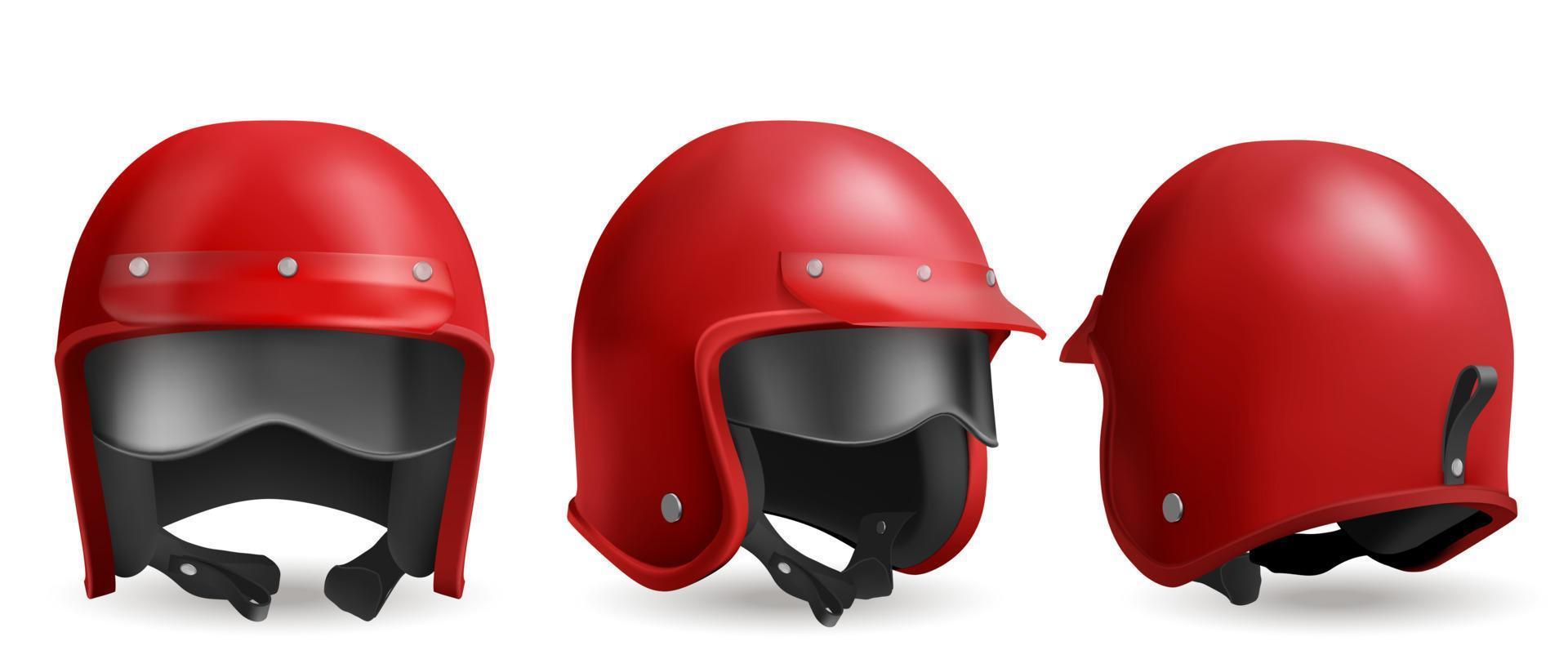 Red motorcycle helmet with glasses, biker headwear vector