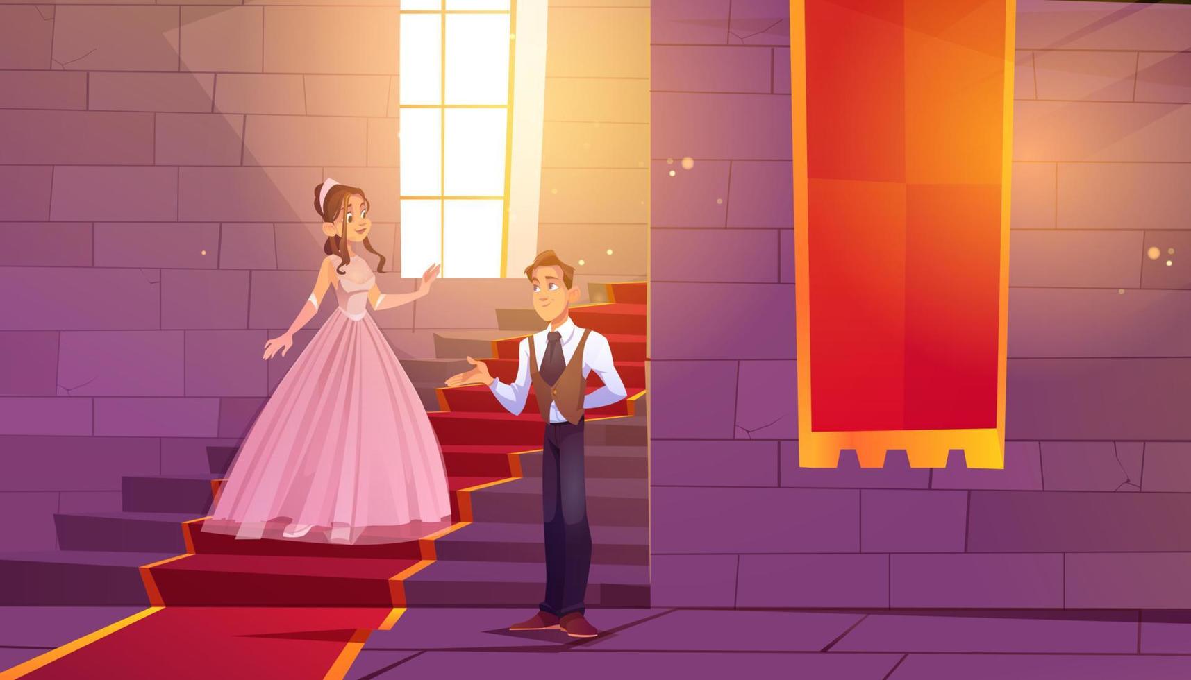 el príncipe invita a la princesa a bailar en el salón del castillo vector