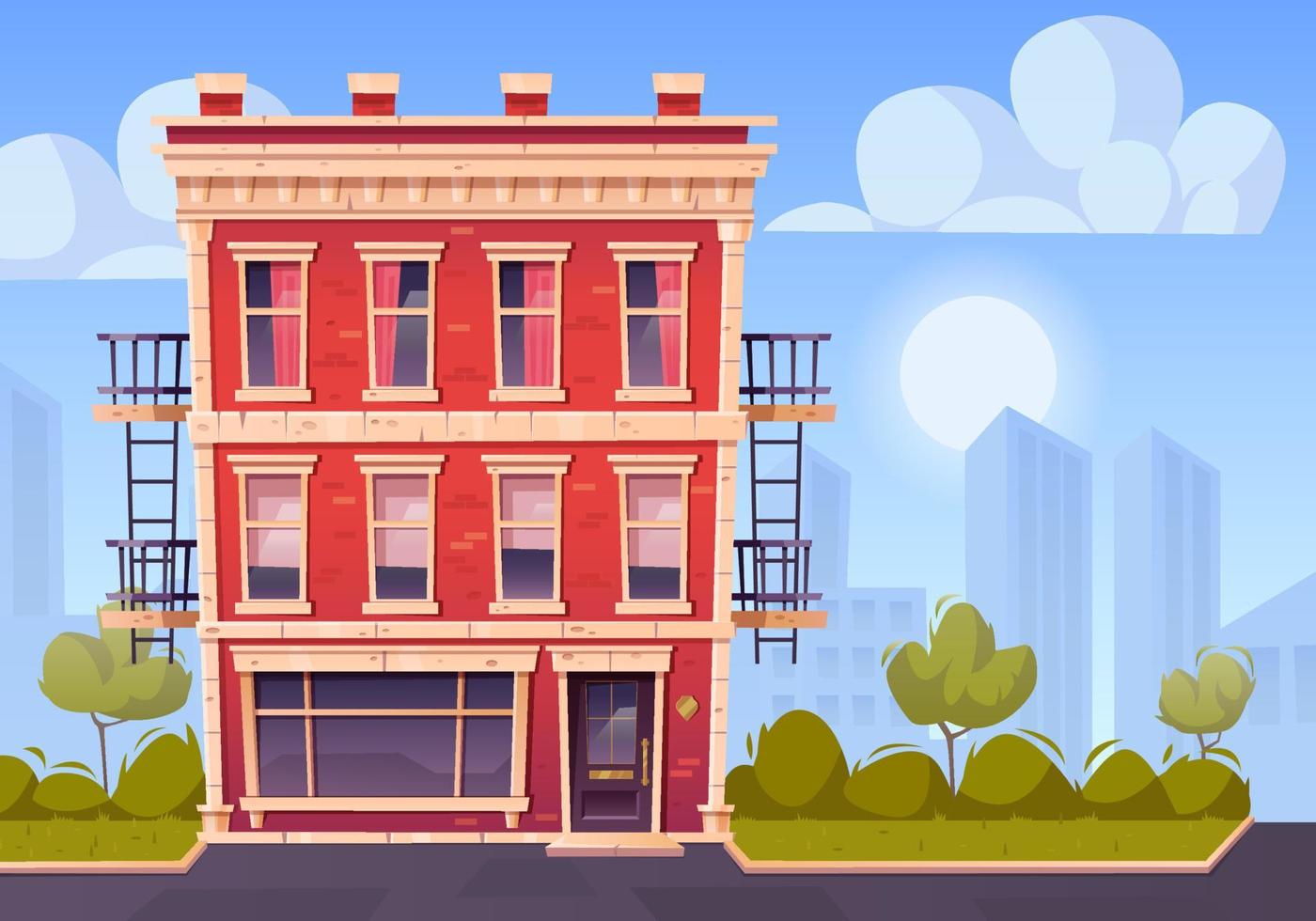 Old brick house with fire escape and shop vector