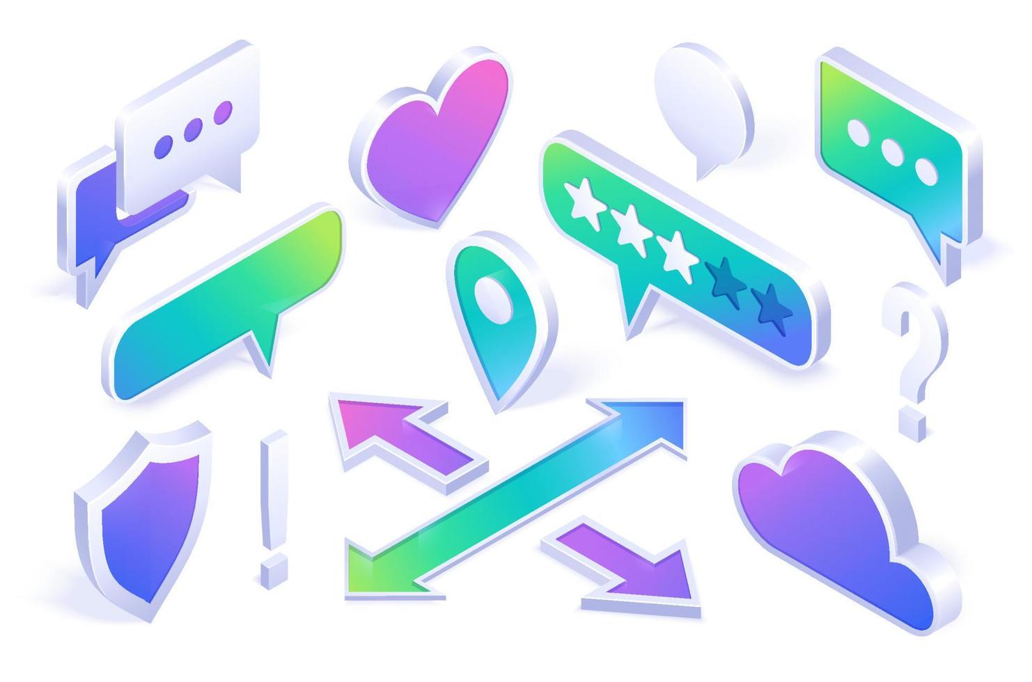 Isometric icons shield, cloud, speech bubbles vector