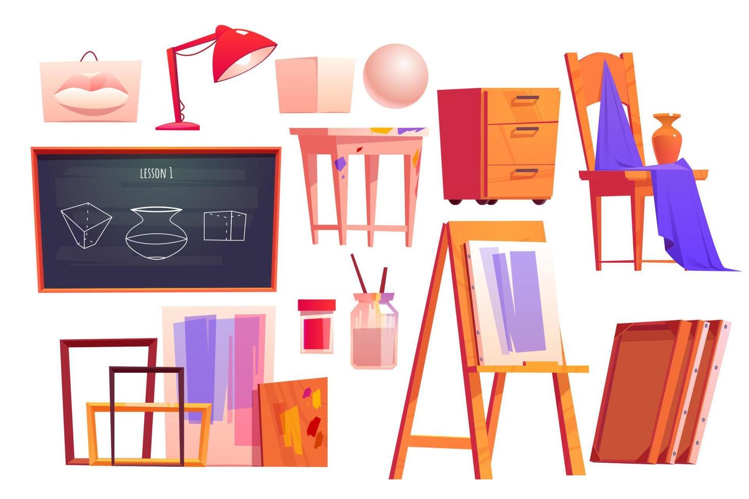 Art classroom furniture, artist studio set vector