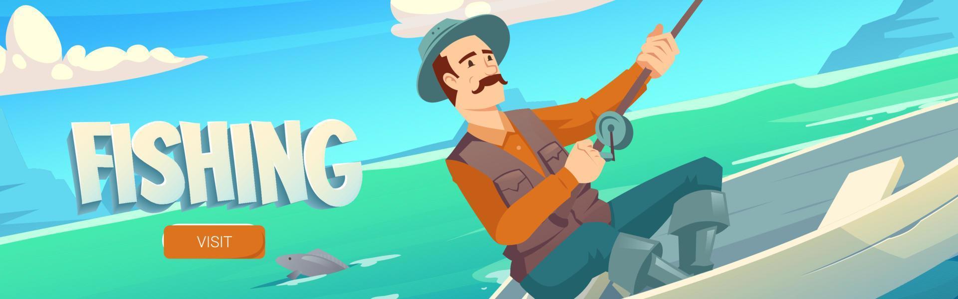 Fishing website with lake and man in boat vector