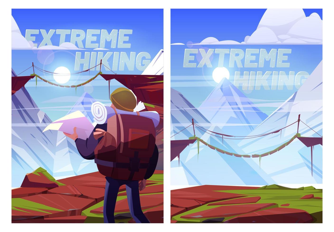 Extreme hiking cartoon posters, traveler with map vector