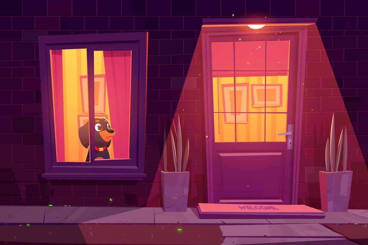 Dog waiting by window in house at night vector