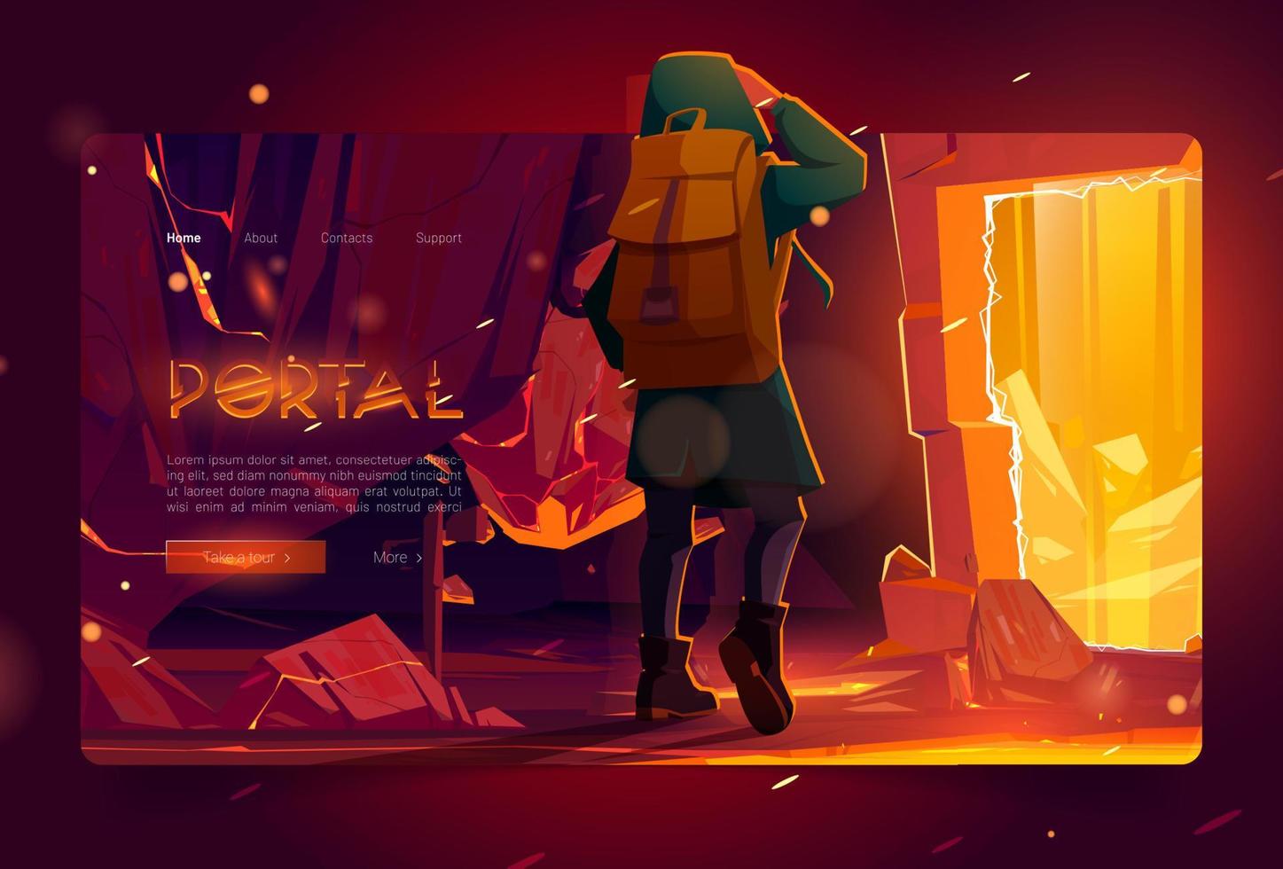 Portal banner with man in mountain cave vector