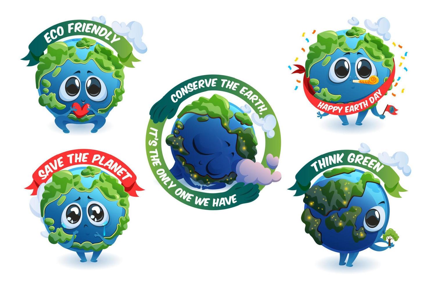 Emblems with cute Earth cartoon planet character vector