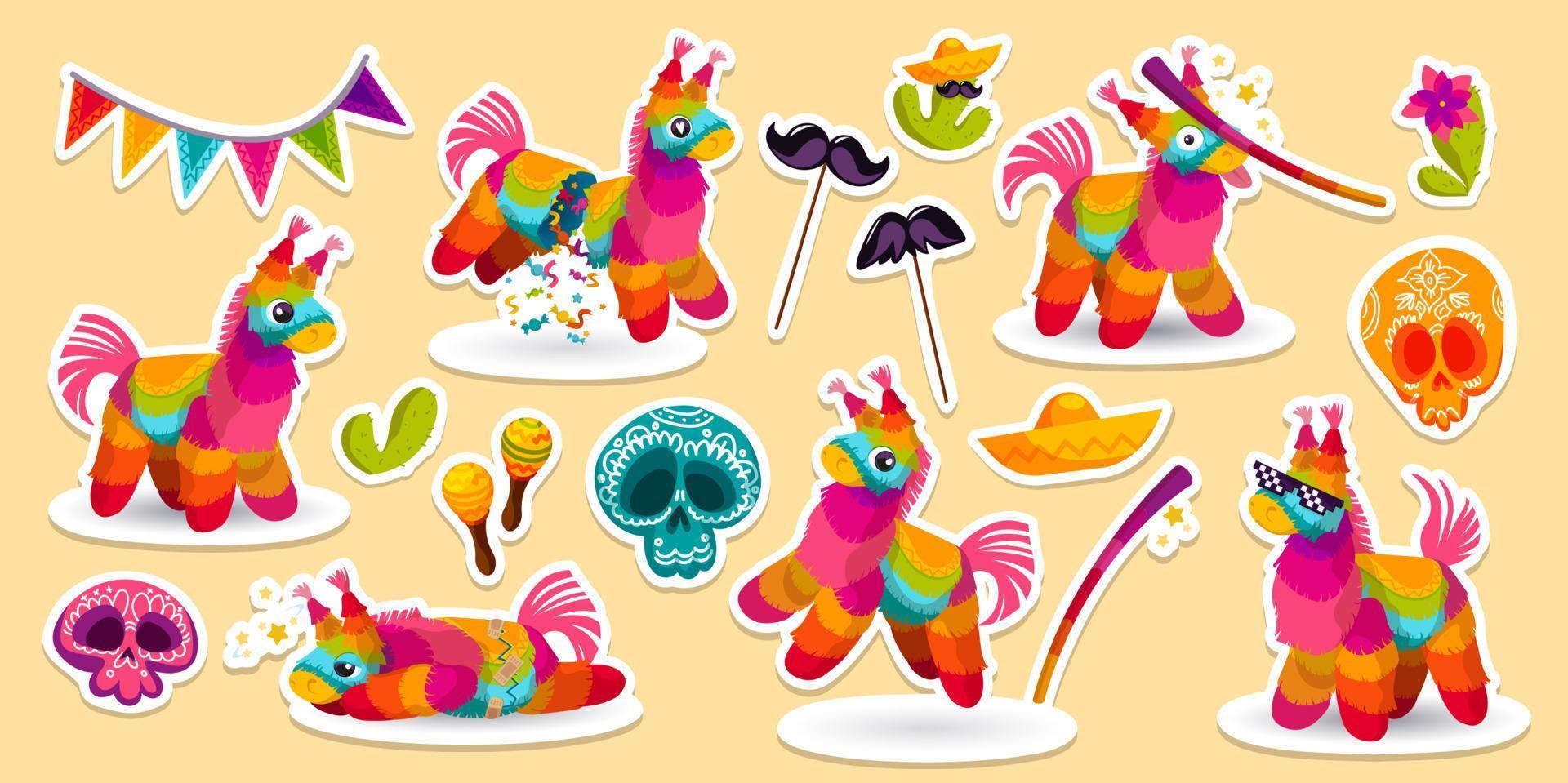 Set of stickers mexican donkey pinata patches vector