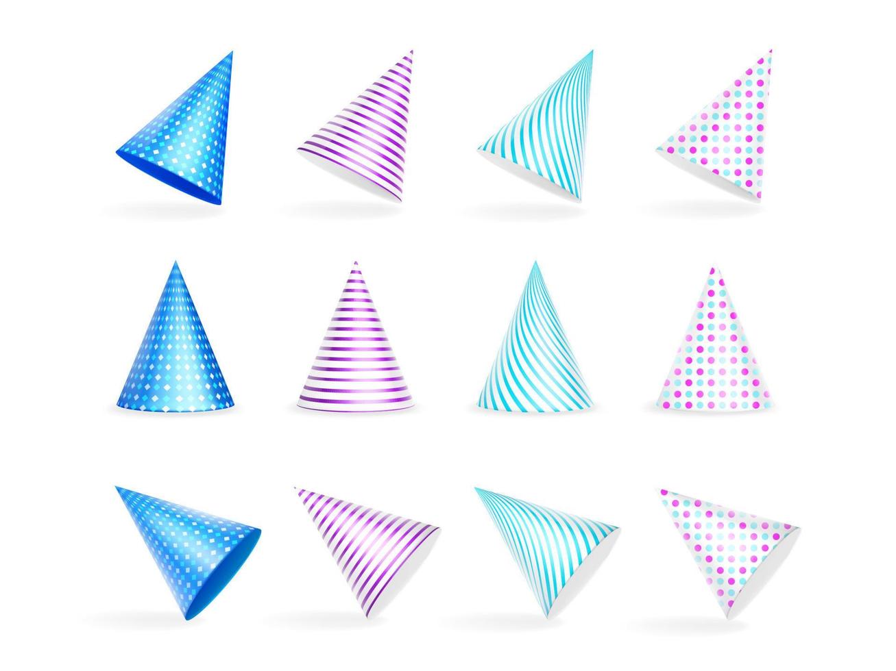 Party hats, birthday caps with stripes, polka dots vector