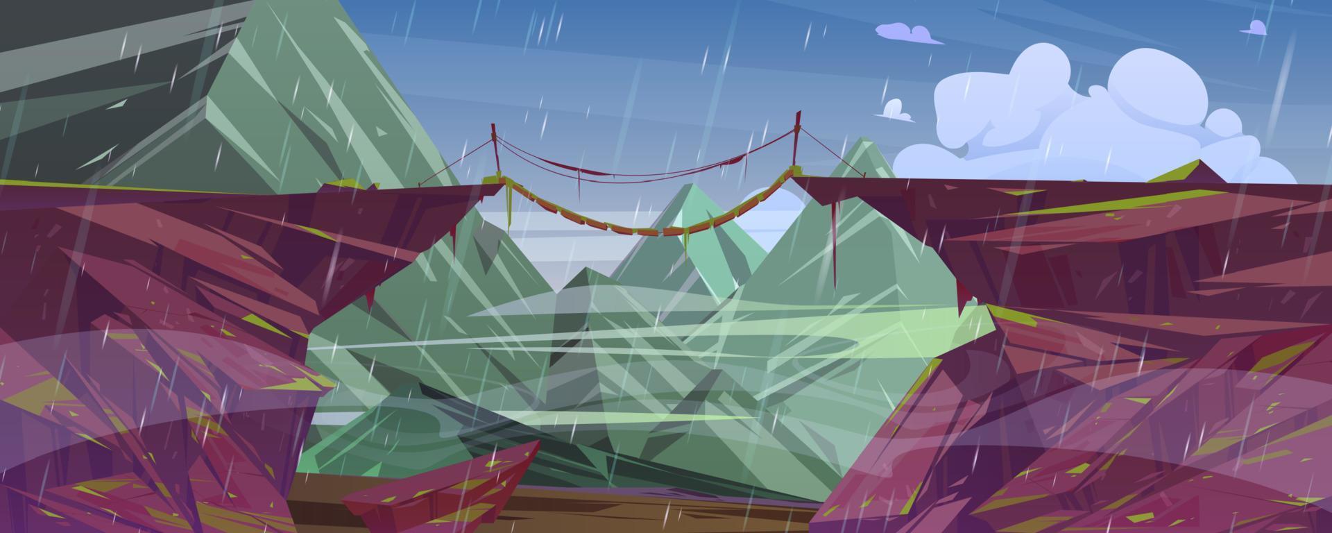 lluvia en paisaje de montaña con puente colgante vector