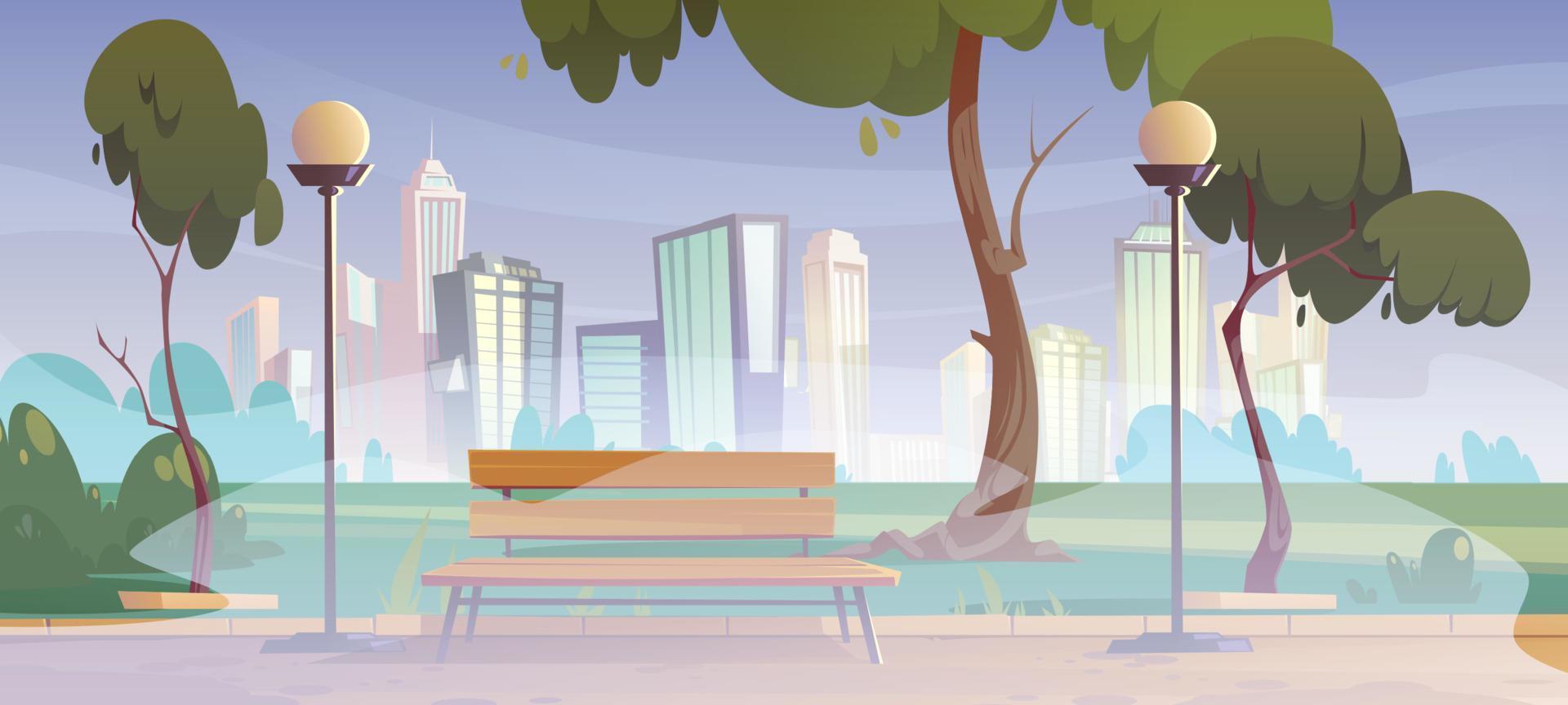 City park with wooden bench and green trees in fog vector