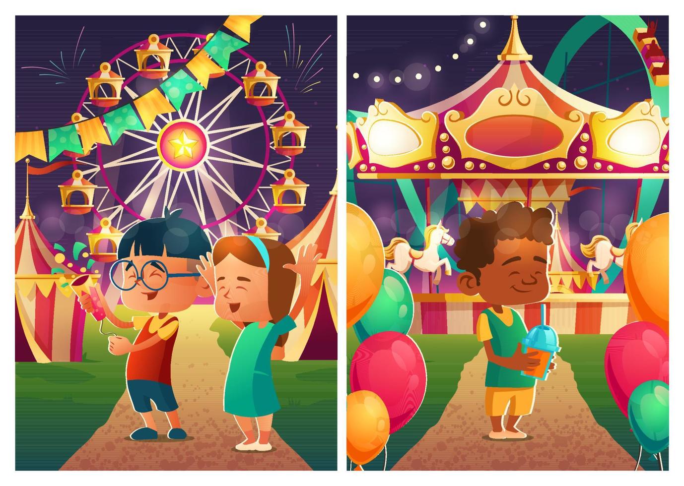 Amusement park with circus tent and fireworks vector