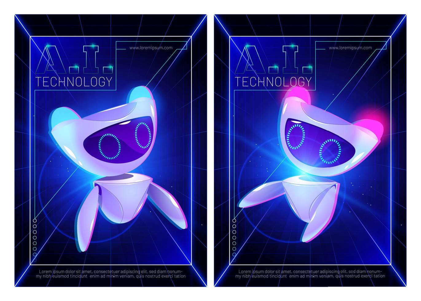AI technology posters with cute robot character vector