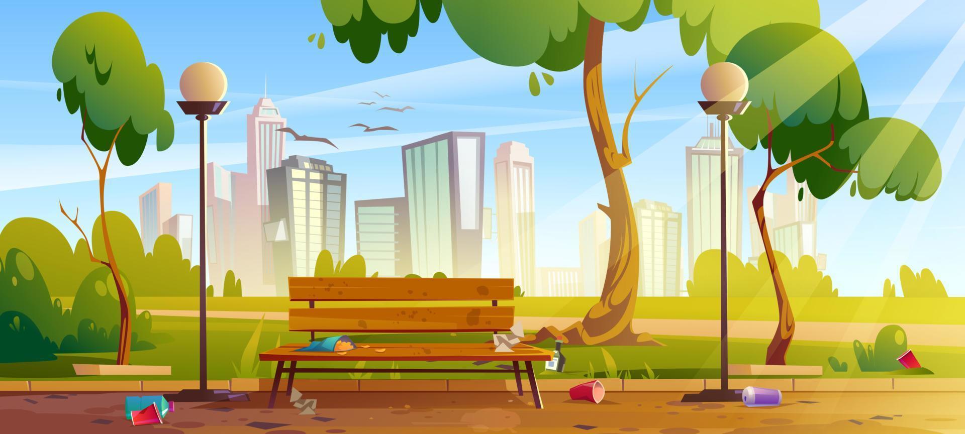 Dirty city park with garbage, bench and green tree vector