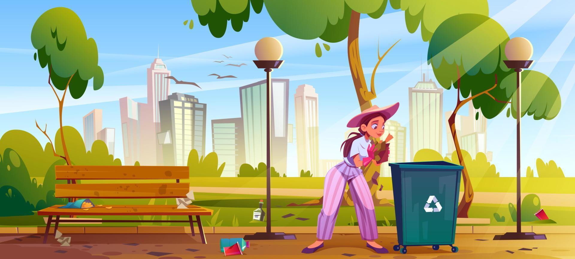 Woman clean up city park. Girl collect garbage vector