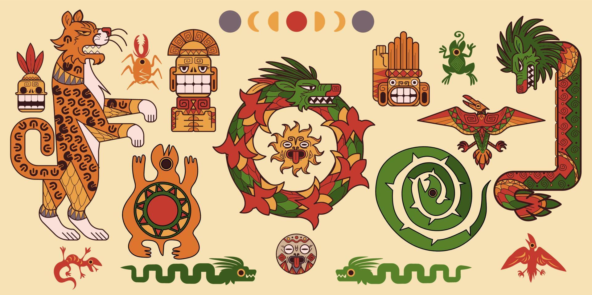 Set of Mayan or Aztec patterns, tribal elements vector