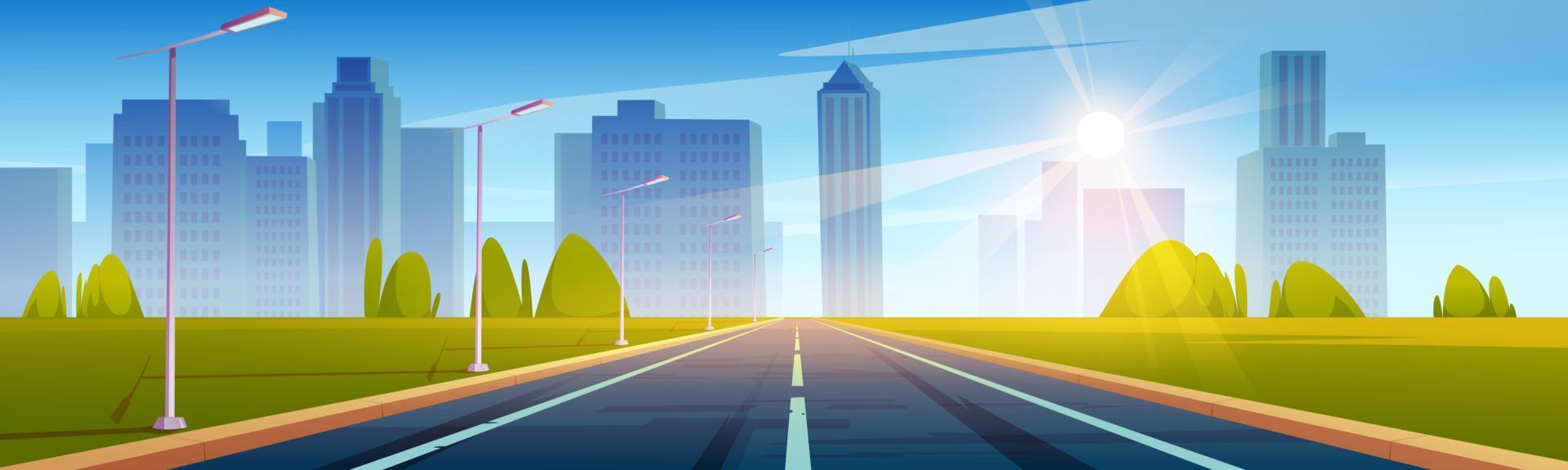 Highway, empty road to city with high skyscrapers vector