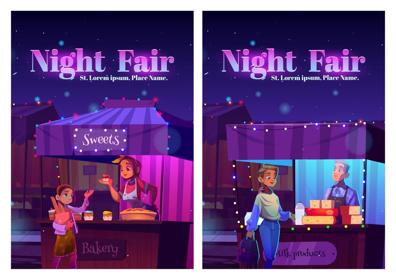 Night fair posters with food market on street vector