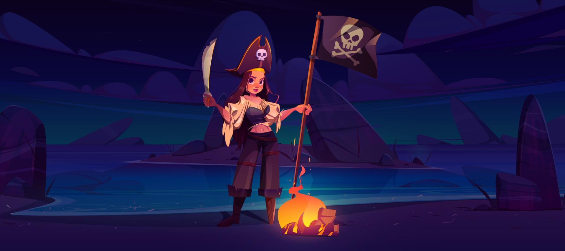 chica pirata en la playa nocturna con la bandera jolly roger vector