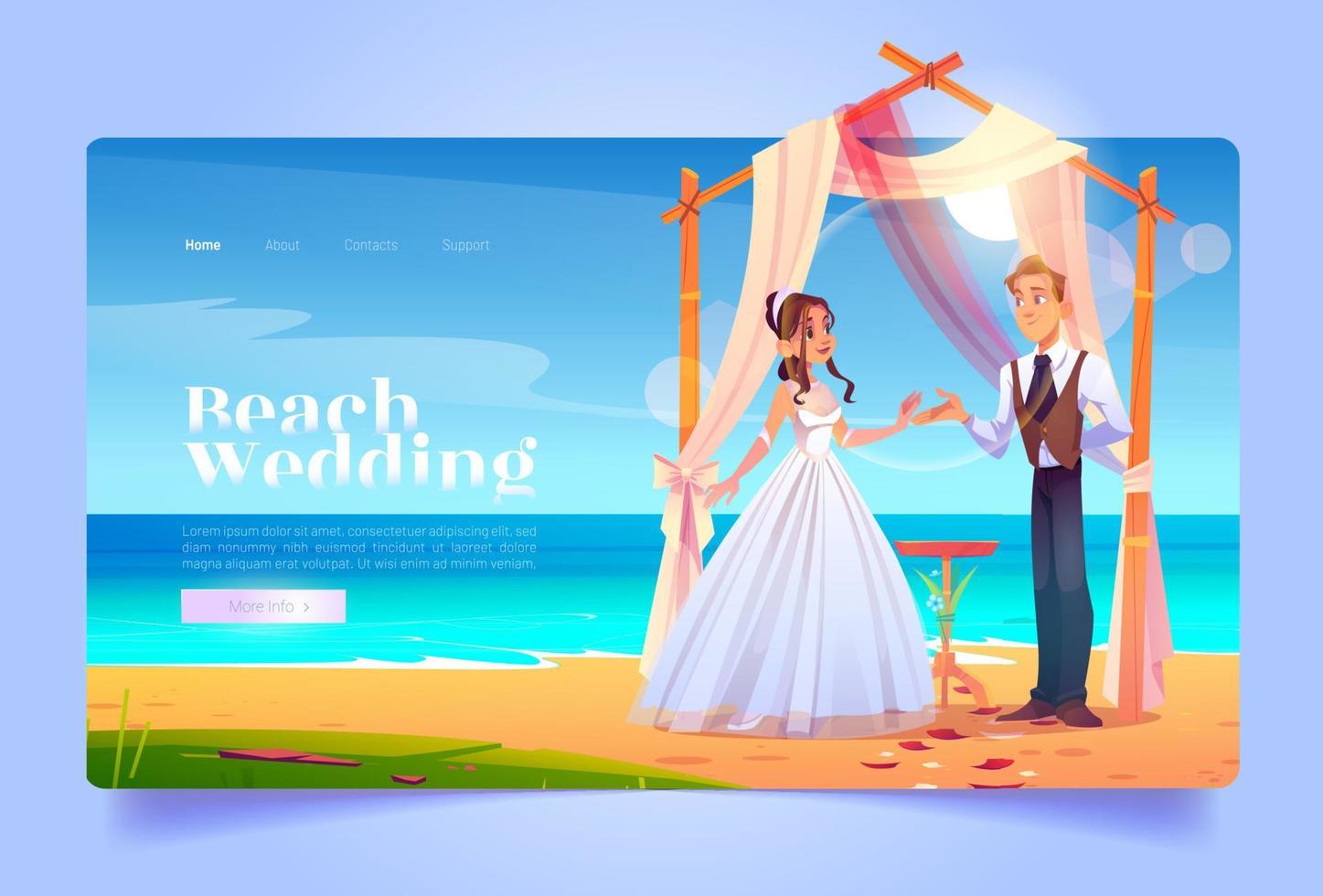 Beach wedding cartoon landing page bride and groom vector