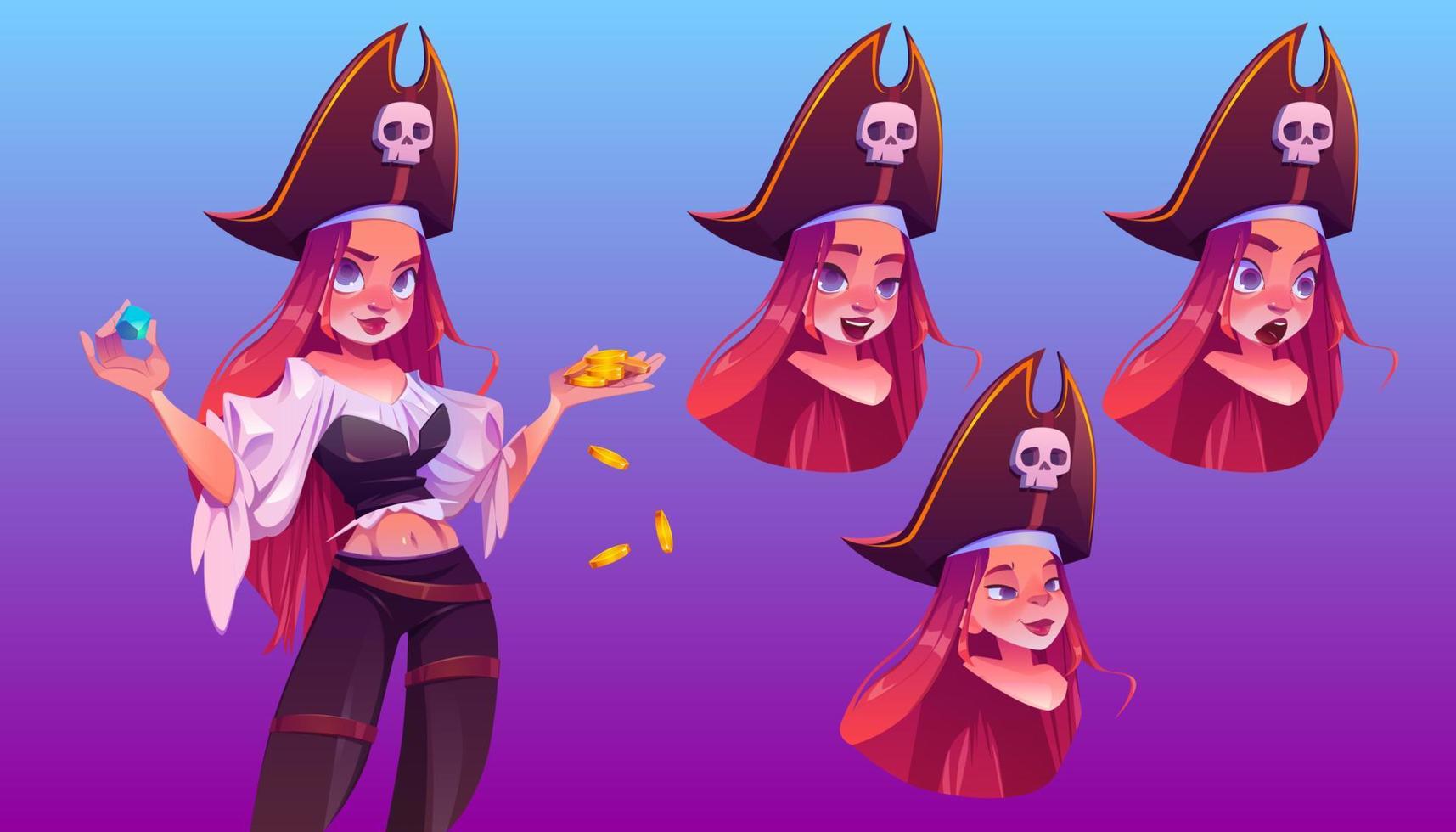 Pirate girl with treasure different face emoji vector