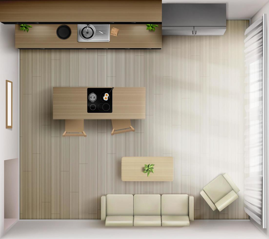 Studio room interior with kitchen top view, 3d vector