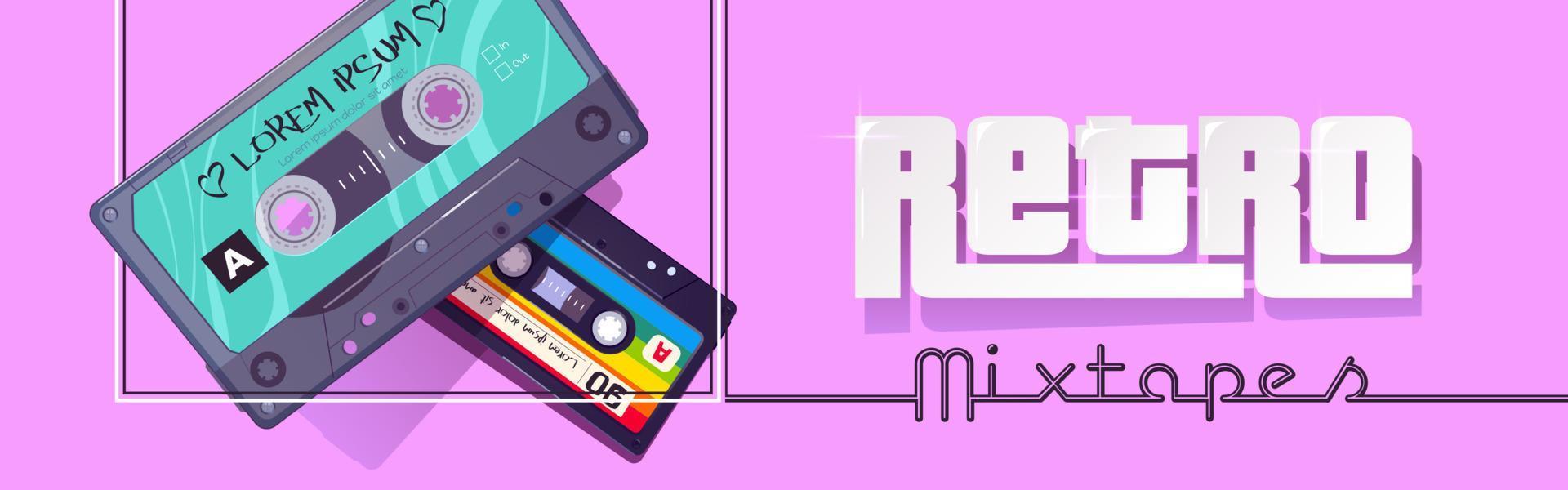Retro mixtapes cartoon banner, audio player vector