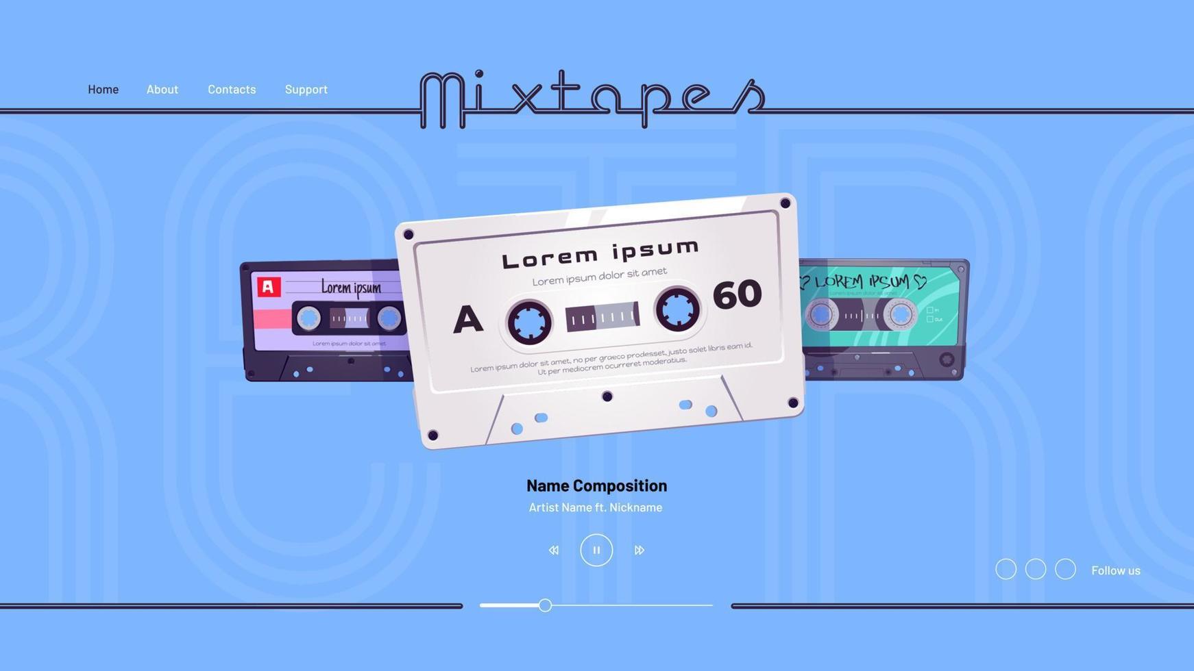 Mixtapes cartoon landing page, audio record player vector