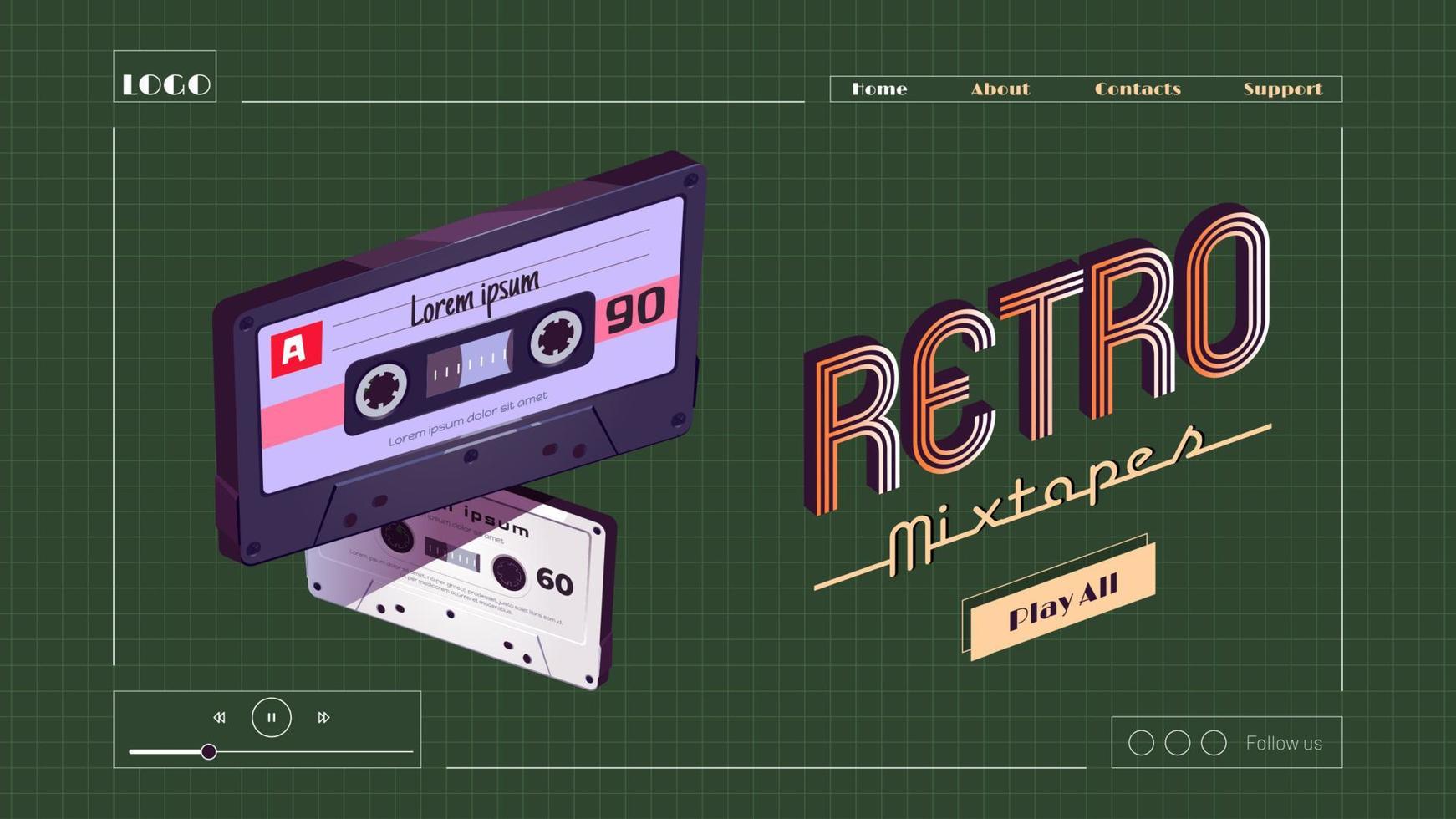 Retro mixtapes cartoon landing page, audio player vector