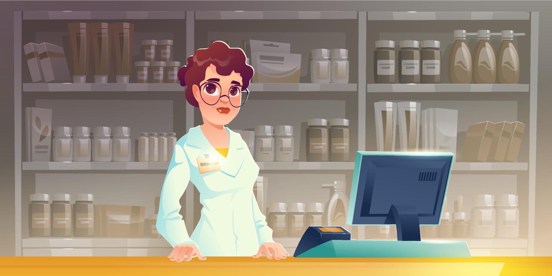 Pharmacist woman at pharmacy counter in drugstore vector