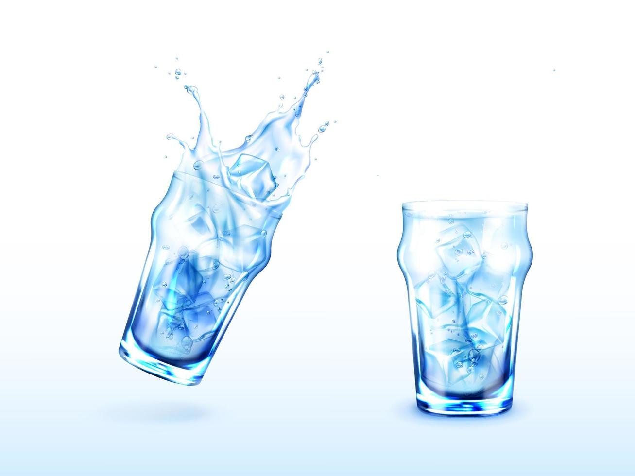 vaso con salpicaduras de agua y cubitos de hielo vector