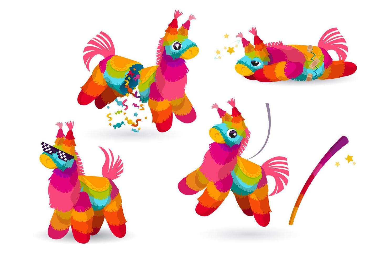 Mexican donkey pinata and bat, colorful toys set vector