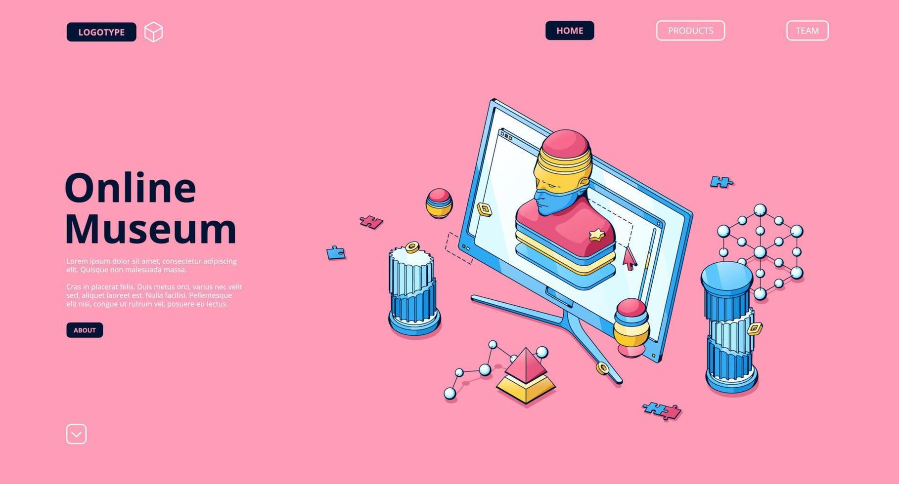 Online museum isometric landing page, web banner vector