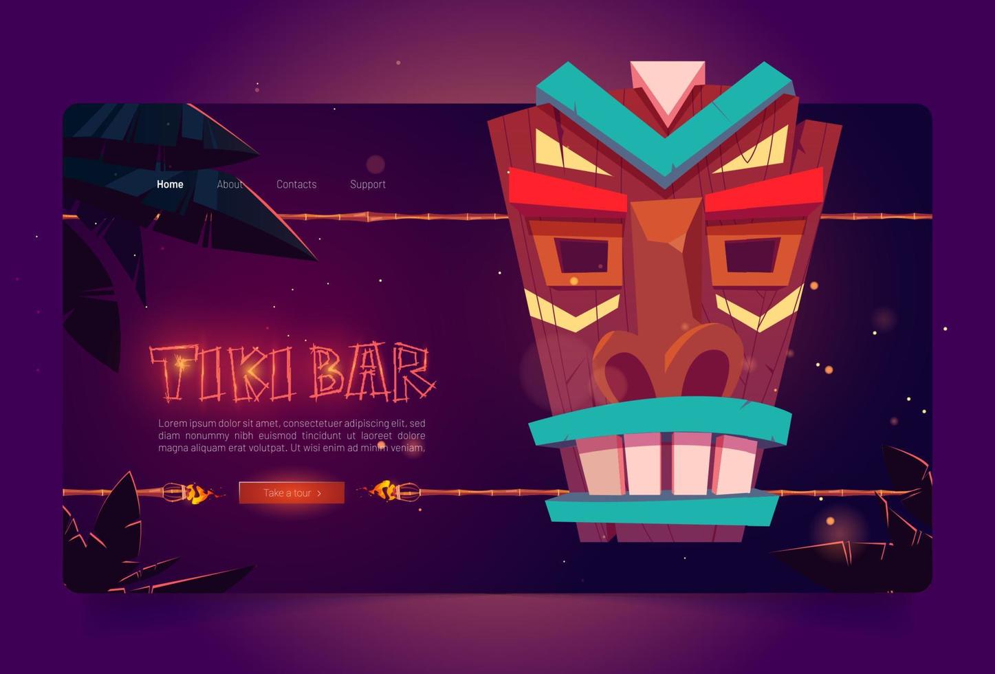 Tiki bar website with wooden tribal mask vector