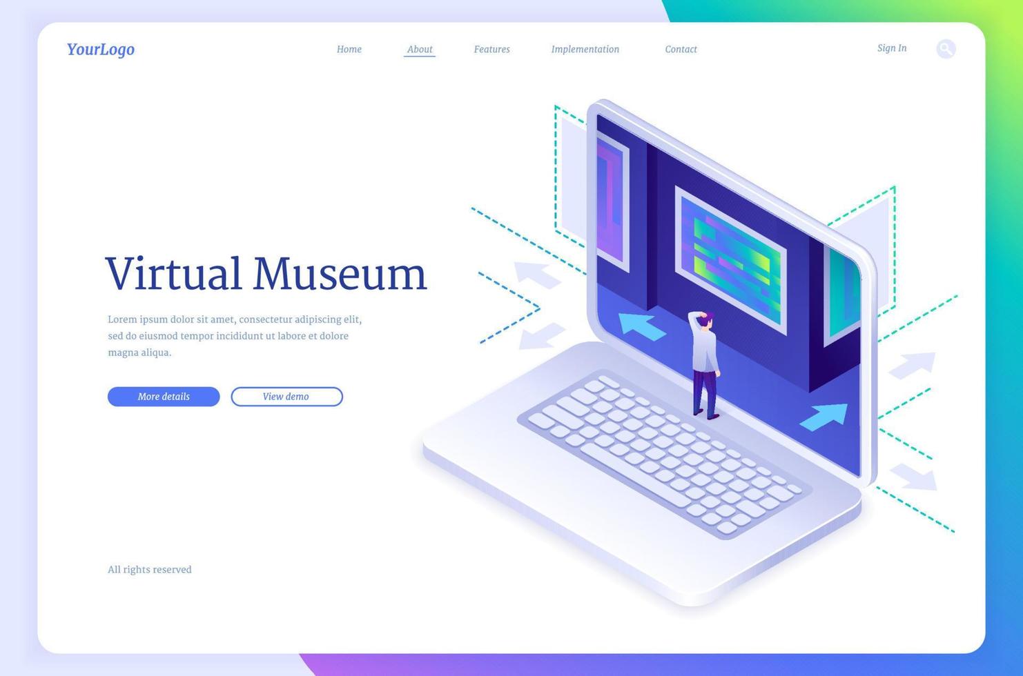 Virtual museum isometric landing page, exhibition vector