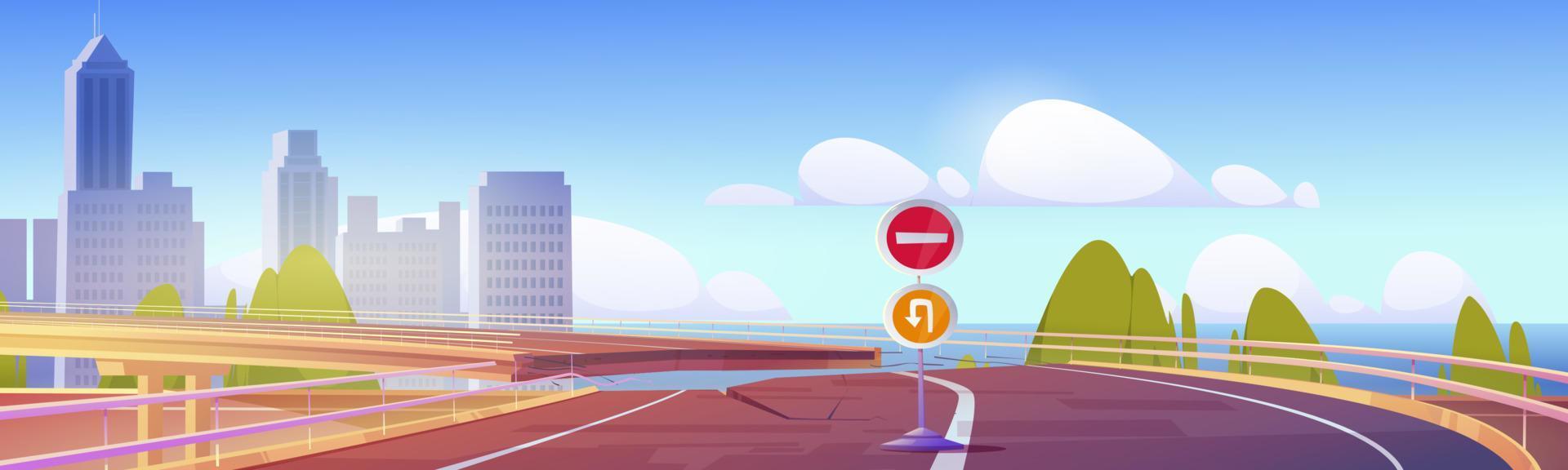 Broken overpass highway empty road with stop signs vector